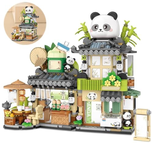 KBIBCK Panda Haus Mini Bausteine, MOC Kreatives Japanisches Spielzeug Modellset 6-12 Alter, 860 PCS Klemmbausteine Haus Toy Gift, Home Dekoration(Panda Teehaus)