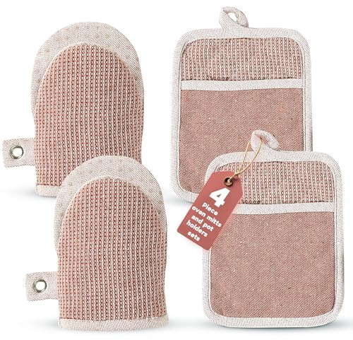Casa Platino Cute Oven Mitts & Pot Holders, 4-Piece – Oven Mitts Heat Resistant for Grilling & Baking, Pot Holder for Hot Cookware & Microwave – Withstands Up to 500°F, Non-Slip – Canyon Rose