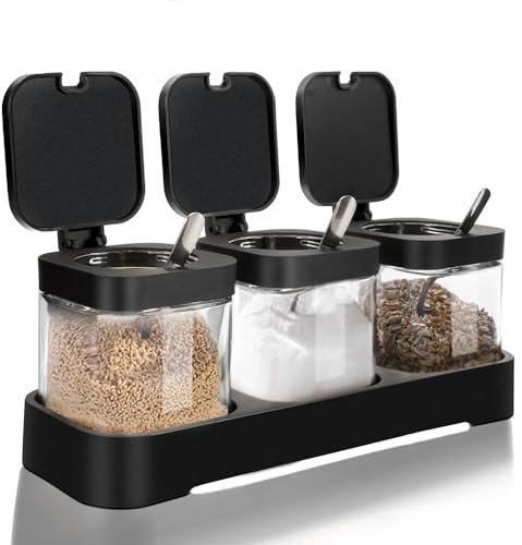 DIYJEP Lot de 3 Pot à Épices en Verre, Bocaux à Épices Carrés Transparents avec Cuillère en Acier Inoxydable, Boîte à Épices Cuisine aver Base pour la Cuisine Condiment Sucre Sel Graines Thé (Noir)
