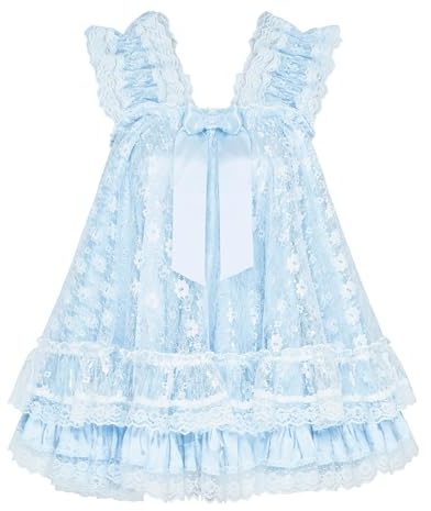 Satini Lingerie Raso Femminuccia Babydoll Balze con Volant Pizzo Sottoveste Negligee Cosplay Indumenti da Notte Abito (Azzurro - Azzurro, XXL)