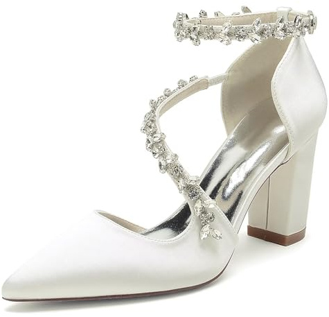 IvoireCh Zapatos de tacón de bloque con adornos de cristal para mujer, tacones gruesos de 3 pulgadas con punta cerrada para novia, baile de graduación y cócteles