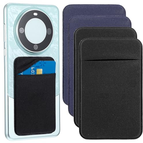 Wanmu 4 Pcs Adhesive Cell Phone Card Holder Pocket, Phone Stick On ID Card Wallet Credit Cards Holder, Self Adhesive Sticker Case for Back of Android and All Smartphones (2 Black & 2 Blue)