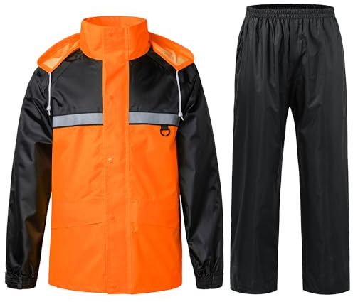 KTWOLEN Ensemble de Pluie lmperméable Avec Capuche Homme Visibilité Nocturne Réfléchissante Veste et Pantalon de Pluie Avec Poches, Orange, M