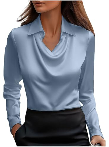 Keepink Womens Long Sleeve Tops Elegant Cowl Neck Satin Blouse Dressy Business Casual Office Work Silk Shirt Elegant Ladies Tunic Top Loose Comfy Shirts Trendy Fall Plus Size Outfits