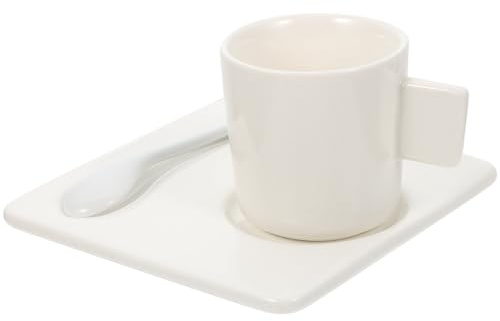 Veemoon Ensemble De Tasses à Expresso En Céramique 80 Ml, Forme Originale Carrée, Cuillère, Blanc, Set La Cuisine Maison Bureau, Service Café Et Cappuccino, 1 Lot