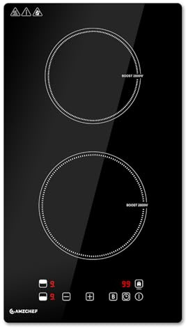 AMZCHEF placa induccion 2 fuegos con calentamiento continuo, 10 niveles de potencia y Boost, bloqueo de seguridad y temporizador, protección contra sobrecalentamiento, empotrable/portátil, 3700W