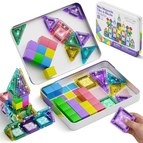 STEM MATCH 3-en-1 Tuiles et Blocs Magnétiques Set de Voyage pour Enfants : 48 pièces dans Une boîte métallique Ultra-légère (380 g) & Rangement en 45 s – Voyage pour garçons et Filles de 3 à 6 Ans