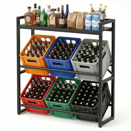 Treeboy Metal Beverage Crate Narrow Black Shelving Unit for Storage | Beverage crate rack for 6 crates,Standing Storage Rack Shelf Drinks Crate Rack 370 kg Load Capacity for Kitchen Pantry Garage