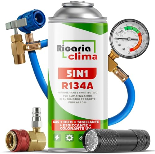 Ricaria Clima 5-en-1 – Réfrigérant R134a + Tuyau 235 g pour Climatisation Auto avec Huile, Stop-Fuite, Traceur UV Et Déshydratant – Protège Le Compresseur + Lampe Torche