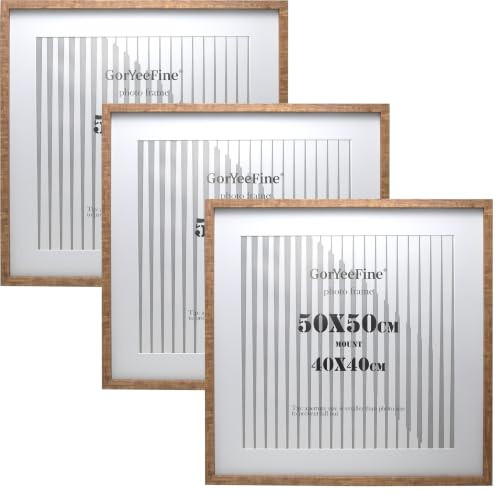 GorYeeFine 50x50cm Square Walnut Picture Frames,Set of 3 | Acrylic front frame, acid‑free mat for 40x40cm photos, MDF backboard, wall & tabletop display, chrismas&home decor