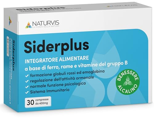 NATURVIS, SIDERPLUS Integratore Ferro + Acido Folico, Rame e Vitamine B1 B6 B12 – Contro Anemia e Stanchezza – Ideale Donne, Gravidanza e Allattamento – 60 compresse