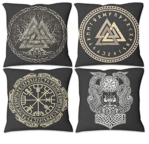 QVOOD 4er Set Wikinger Runen Kissenbezug Linen Kissenhülle Dekokissen Fall Kissenbezüge Sofakissenbezug Zierkissenbezüge für Sofa Couch Auto Schlafzimmer Zuhause Dekor White 45x45cm