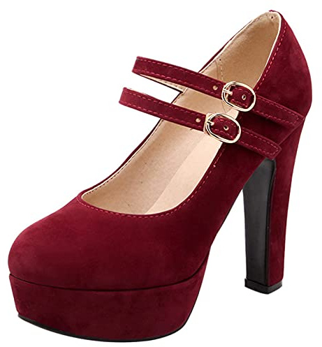 Décolleté Donna, Mary Jane Tacco a Blocco Eleganti Scarpe da Sera Tacco Alto Punta Rotonda con Plateau Fibbia Rosso Numero 38 EU