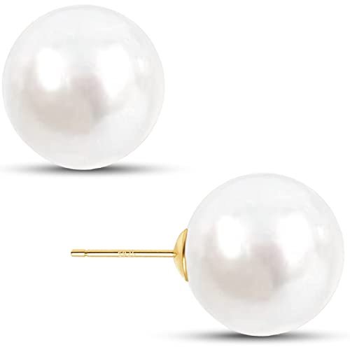 EFTKOY Big Pearl Earrings 18K Gold Plated Sterling Silver Large Faux Round Studs White Pearl Earrings for Women - 14mm