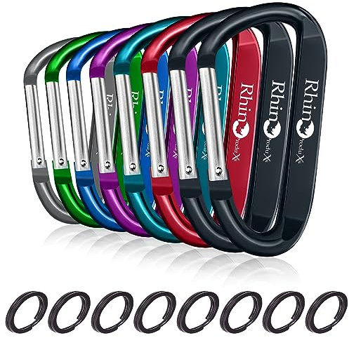 Rhino Produxs Lightweight duty Snap Carabiner Clips with Keyrings, D Ring Shape Carabiner with Keyrings - Excellent for Outdoor, Camping, Hiking, Keychains, Water Bottle, Keychain Hook