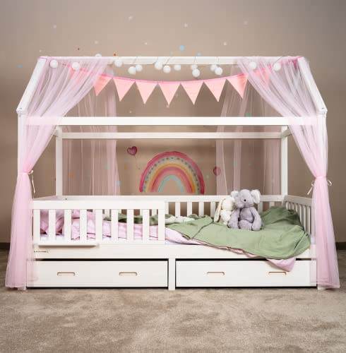 ALAVYA HOME® 4-TLG Hausbett Deko Set mit 2 Stück Betthimmel I 1 Stück Wimpelkette 300cm cm lang für Kinderbett Kinderzimmer I Wimpelkette 100% Bio-Baumwolle I 150 x 350 cm I mit Lichterkette I Rosa