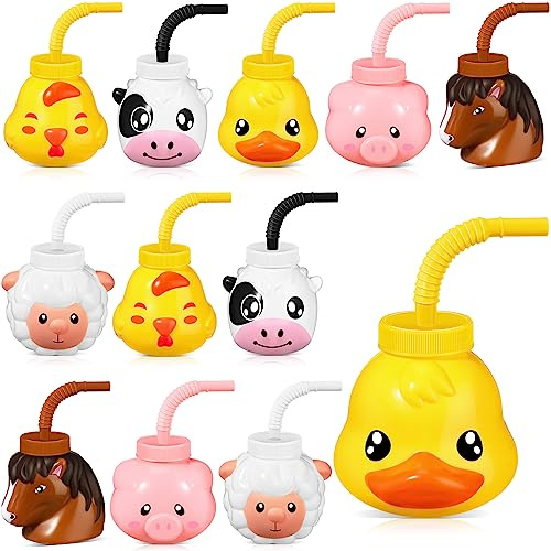 Roshtia 12 Sets Farm Animal Cups with Straws and Lids 11 oz Plastic Animal Themed Cute Pig Sheep Chicken Duck Horse Cow Straw Cups for Kids Birthday Farm Theme Party Favor Supplies
