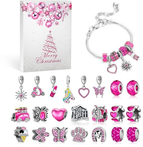 MJARTORIA Adventskalender Schmuck für Mädchen 2025 Weihnachtskalender Teenager 24 Überraschungen Überraschungspaket mit Armkette Kette Charms Schmuck Selber Machen Set Anhänger (Rosa)