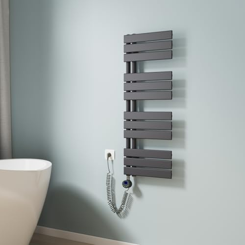 EMKE Radiateur électrique de salle de bain 1041 x 400 mm avec thermostat, sèche-serviettes courbé, sèche-serviettes pour électricité, porte-serviettes de salle de bain avec