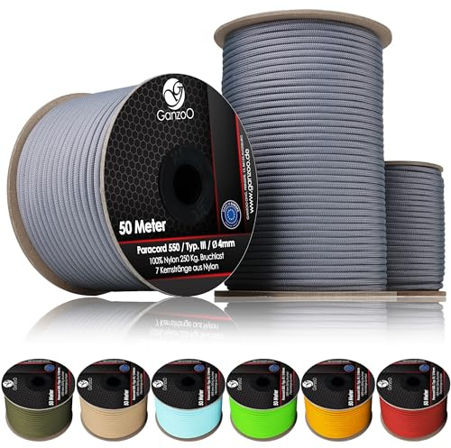 Ganzoo Paracord 550 typ 3, 100% nylonrep 4 mm, färg shark, 100 m på rulle, 7 kärntrådar och 32 flätor, greppvänligt snöre för knutar, flätning, packning, camping, utrustningsfixering, hundkoppel