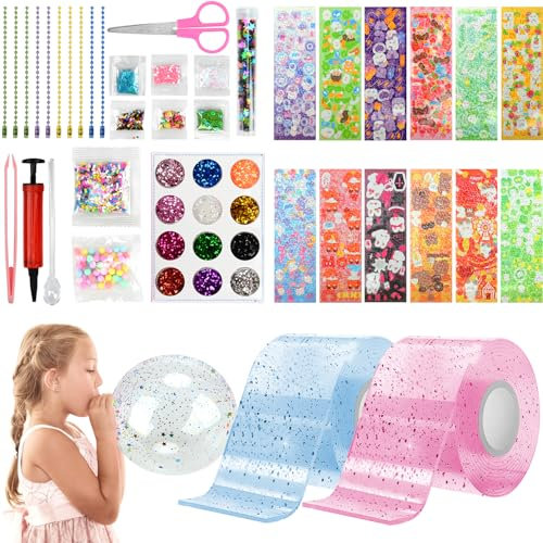 VICTERR 2 Rouleaux Ruban Adhésif Nano Tape, DIY Jouet Nano Bubble Tape avec Pompe, Poudre Scintillante, Autocollants, Transparent Double-Face Rubans à Bulles Nano Kit D'artisanat pour Enfants Adultes