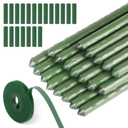 20 Pack Green Garden Stakes - 11mm x 40cm Plastic Coated Steel Plant Support Canes with 1 Roll Garden Ties | Rust-Proof Vine Stakes for Tomatoes, Flowers & Vegetables | Indoor & Outdoor Use