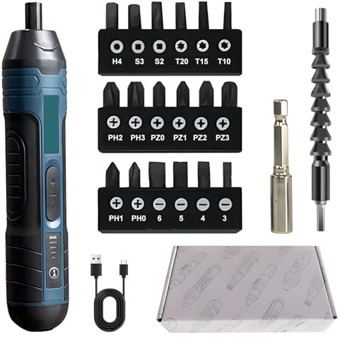 Mini Electric Cordless Screwdriver Set, 3.6V Rechargeable Screwdriver, USB Charging, 5N.m Max Torque, 4-Gear Torque, LED Light,21 Pcs, Ideal for Home Office Garden DIY Tools, Beginners(Blue)