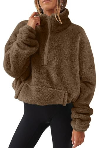 Joligiao Donna Felpe Senza Cappuccio Pile Termico Pullover Manica Lunga Felpe Donna con Zip Tasche Maglione Caldo Tops Invernali Sweatshirt Hoodie Eleganti Jumper Maglietta (Caramello,M)