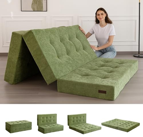 MAXYOYO Hopfällbar madrass Chenille-tyg 15 cm, bäddsoffa för gäster | 15 cm bekväm hopfällbar madrass kung med Chenille-tyg, trippelvikt golvfuton bäddsoffa för gäst, vikbar topp för camping