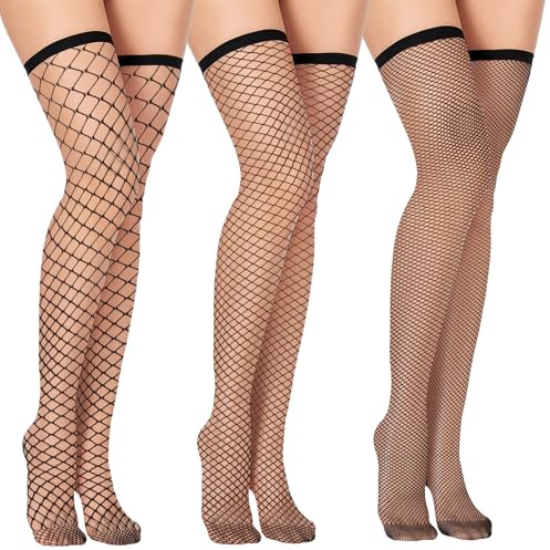 Quilax 3Pair Women's Fishnet Thigh High Socks, Fishnet Stockings for Women, Over the Knee Black Fishnets Stockings(Black)