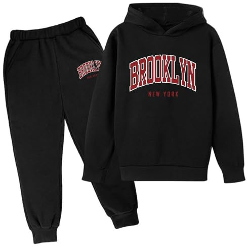 Tuta da ginnastica per bambini e ragazze, 2 pezzi, con cappuccio, Brooklyn New York, set di tute da viaggio con grafica casual, pantaloni della tuta invernali e autunnali, felpa 2025, Nero , 11-12