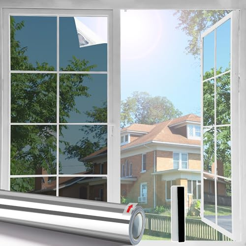 Linarun Privacy Film for Glass Windows One Way Window Film Mirror Effect Heat Reflective Window Film Anti Glare Blocking UV, Silver Vinyl, Static Cling 30x200