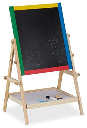 Relaxdays Spieltafel für Kinder, Kindertafel m. Kreide u. Marker, magnetische Standtafel HxBxT: 64 x 40 x 32 cm, bunt