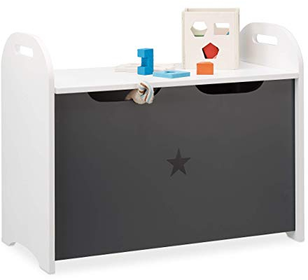 Relaxdays Portagiochi Bambini, Mobiletto per Giocattoli, Panca con Coperchio, HLP 47x57x30 cm, con Stella, Bianco-Grigio