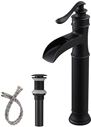 BWE Vessel Sink Faucet Waterfall Matte Black with Pop Up Drain Without Overflow and Supply Lines, Black Sink Faucet Bathroom One Handle Faucets Vanity Bath Mixer Tap