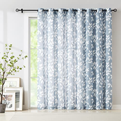 Blue White Sliding Glass Door Curtain Leaf Print Semi Sheer Curtain panels 100 Extra Wide 84 Linen Textured Privacy Window Draperies for Living Room Privacy Botanical Glass Door Curtain 100w 1 pc