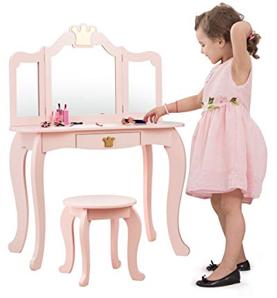 LIFEZEAL 2 in 1 Kinder Schminktisch, Kinderkosmetiktisch Set mit Abnehmbarer Spiegel & Hocker, Frisiertisch für Mädchen ab 3 Jahren, Prinzessin Frisierkommode Holz mit Schubladen