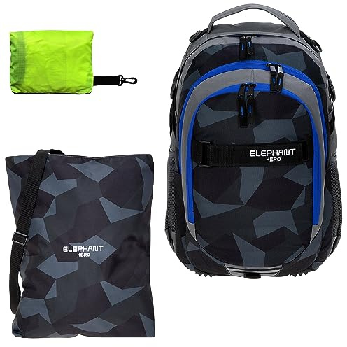 Schulrucksack Jungen Mädchen ab 3. Klasse Schule Tasche Brustgurt Schultasche Rucksack mit Sportbeutel Attach Bag und Regenhülle Premium 3 Teile Set Auswahl rtp (Cyber Camo Schwarz Blau 12770)