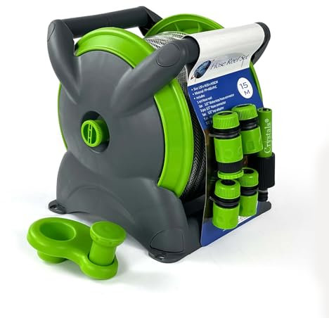 Crystals 15 Meter Garden Hose Reel with Water Hose Pipe – Wall Mounted Hosepipes for Garden - Ready to Use with Nozzle, Fittings and Accessories - Green