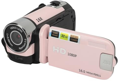 Digitalkamera Recorder, D90 1080P 16 facher Digitalzoom Videokamera Camcorder mit Fülllicht, Drehbarer 2,4 Zoll LCD Bildschirm, 32 GB Vlogging Kamera, HD Videoaufzeichnungs (Rosa)