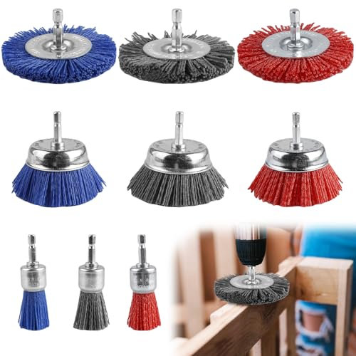 9 Pieces Nylon Wire Cup Brush, 3 Sizes Nylon Drill Brush Set, Nylon Brush with 1/4 Inch Hex Shank, Nylon Brush Grinding Attachment for Cleaning and Removing Rust, Paint and Corrosion
