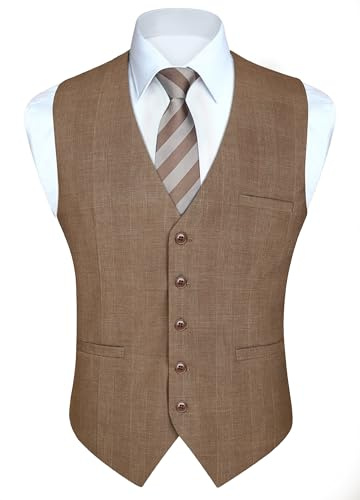 HISDERN Gilet da Uomo Classico Gilet da Abito in Cotone Elegante Gilets a Quadri Senza Maniche Matrimonio Panciotto con Tasche Marrone/Cachi XS