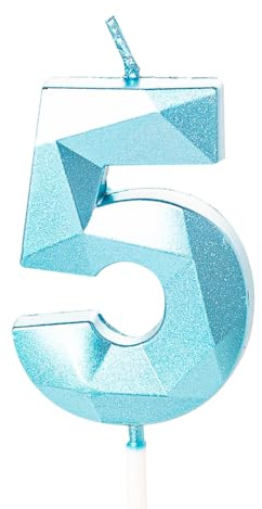 YAAVAAW, candela per torta di compleanno numero 5, colore blu, con decorazioni a forma di numero 5