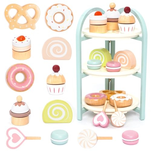 UMU® Holz Kinderküche Dessert Spielset - inkl. Ständer, Süßwaren, Teeservice Zubehör für Spielküche u. v. m., Holzspielzeug für Kinder ab 3 4 5 6 Jahren