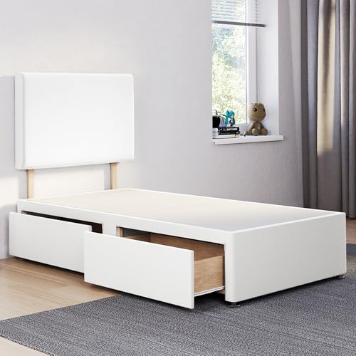 ComfoRest 3FT Single Divan Bed with 2 Drawers - 24 White Plain Headboard | Made in Britain, 91.5 x 190.5cm, 24in headboard, White Plush fabric, 2 space-saving storage drawers