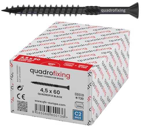 QUADROFIX BLACK – Schwarze Edelstahlschrauben Torx, Professionelle Schrauben für Holzfassaden & Verkleidungen, Gehärteter, passivierter Edelstahl C2 mit schwarzer Beschichtung, 200 4X50 mit Bit