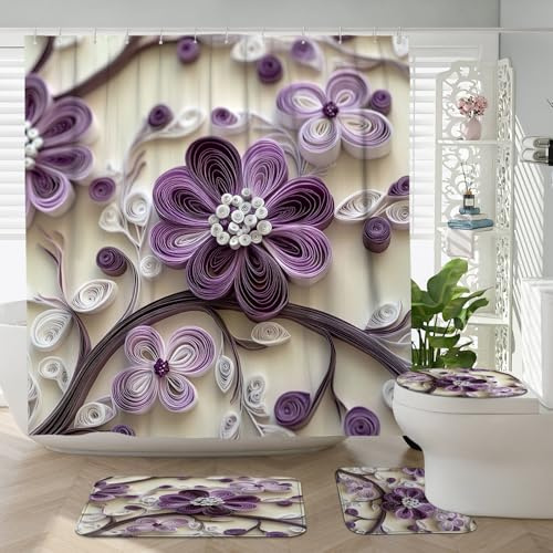 DESIHOM 4PCS Paper Quilling Plum Bossom Shower Curtain 72''x72'' with Hooks, Bathroom Accessory Sets with Bath Mat, U Shape and Toilet Lid Cover Mat, Art Floral Home Fabric Decor