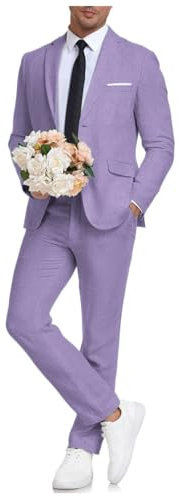 Einreihiges 2-teiliges Blazerhosen-Set aus Leinen für Herren, klassische Passform, Revers, formelle Anzüge, Smoking, Flieder, M