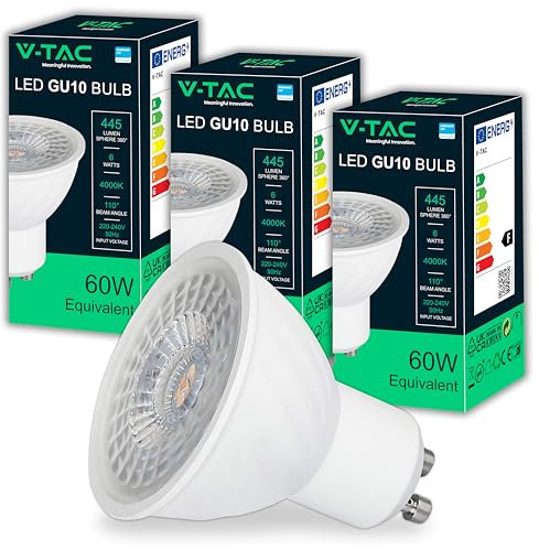 V-TAC 3x Lampadine LED GU10 6W (Equivalenti a 60W) - Chip SAMSUNG - 445 Lumen - Alta Luminosità - Faretto Led GU10 per Massima Efficienza e Risparmio Energetico - Lampadina Luce Naturale 4000K