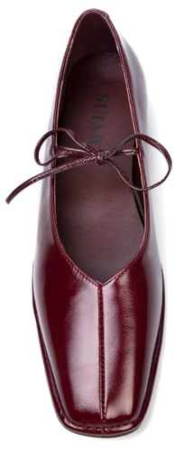 SUIARA Lace up Ballet Flats Women Square Toe Burgundy Mary Janes Low Heel Slip On Bow Leather Comfortable Ballerina Flat Shoes Size 10